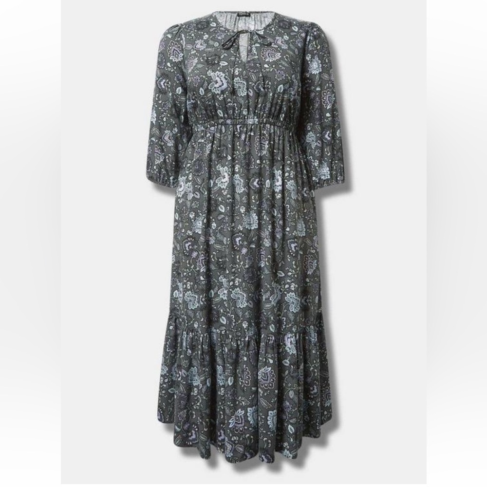 Torrid 1X Tea Length Challis Front Tiered A-Line Paisley Dress Midi Pockets NWT